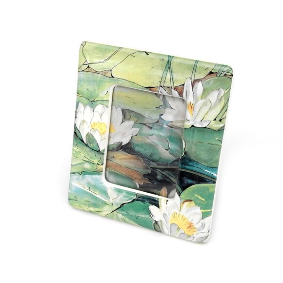 Vintage Charpente Ceramic Tabletop Picture Frame Blooming Lotus Asian 4"X5" - Picture 1 of 7